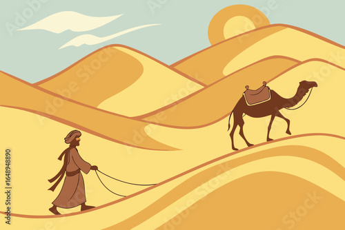 A desert nomad guides camels across golden Sahara dunes under a blazing afternoon sun.