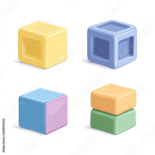 Four pastel-colored, 3D square blocks, digitally rendered.  Each block features a hollow, square interior, and are presented in various orientations