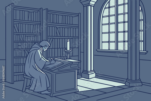 A historian examines ancient scrolls in a candle-lit library.