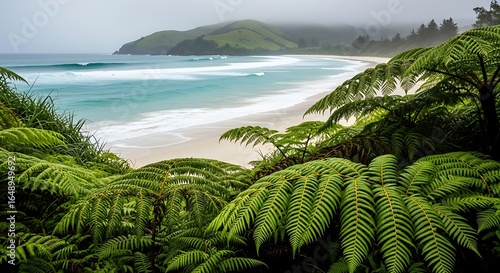 Fototapeta Naklejka Na Ścianę i Meble -  Beautiful view of a tropical beach with green ferns in the foreground