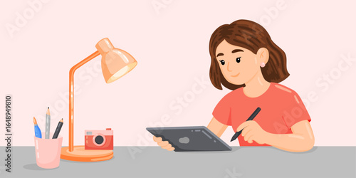 Young Woman Drawing on Digital Tablet Desk Concept Illustration