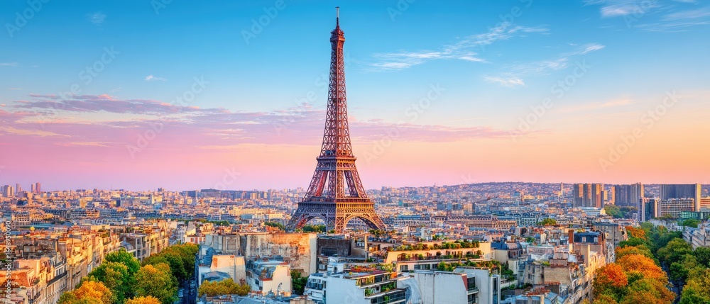 Fototapeta premium Panoramic view of Paris at sunset, Eiffel Tower prominent