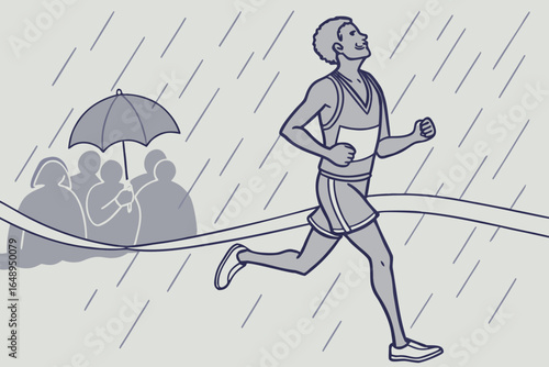 A marathon runner crosses the finish line in pouring rain.