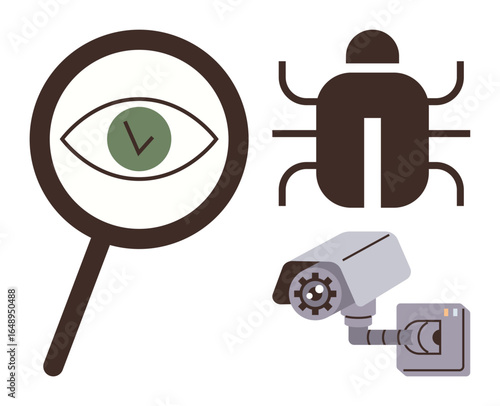 Magnifying glass with an eye and a green check, a bug symbol, security camera, and connection box. Ideal for cybersecurity, threat detection, surveillance, data analysis, hacking prevention IT