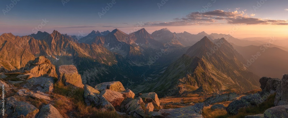Obraz premium Panoramic mountain vista at sunset