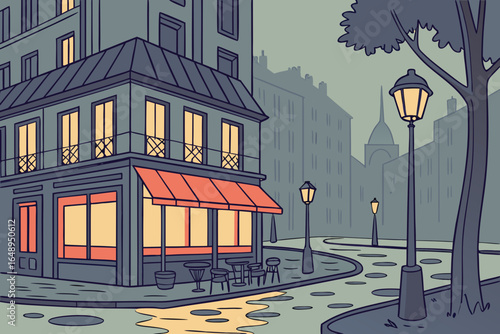 A Parisian street with cafés glowing in the rain, modern flat illustration style