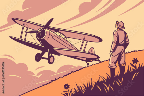 A pilot stands beside a vintage biplane on a grassy airstrip at golden hour.