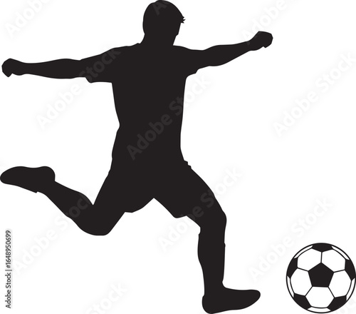 Soccer Player Kicking Ball Silhouette Vector, Football Action Sports Illustration