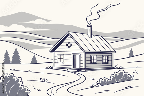A remote cabin in the tundra with smoke curling from the chimney, modern flat illustration style