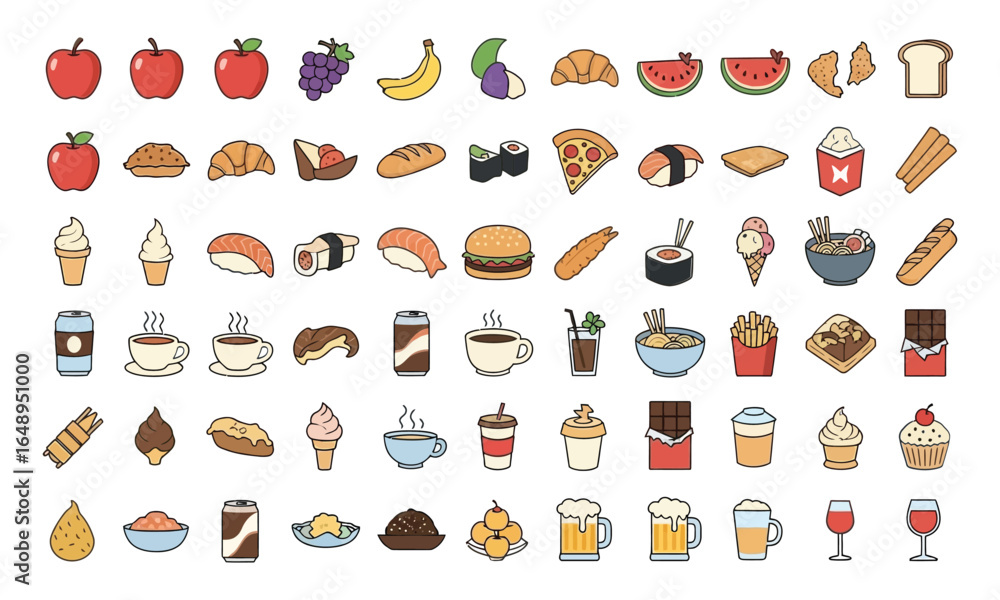 A vibrant array of assorted food and beverage icons, artfully arranged to capture the eye and spark a craving. From juicy fruits to delicious desserts. A vibrant array of assorted food and beverage icons, artfully arranged to capture the eye and spark a craving. From juicy fruits to delicious desserts.