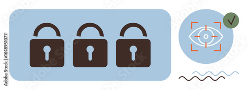Three padlocks representing security, visual recognition element with eye and target, abstract wavy lines and checkmark. Ideal for cybersecurity, privacy, authentication, safety, technology