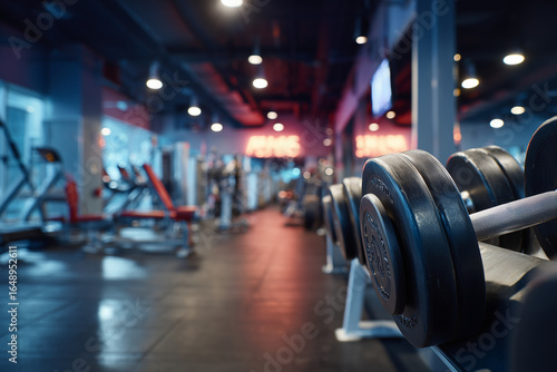 Wallpaper Mural Close-up of dumbbells in a modern gym with workout equipment and neon lights in the background Torontodigital.ca