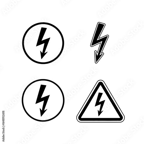 Black and white electrical hazard warning symbols in various shapes for safety communication