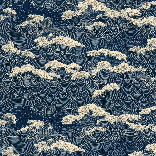 Ocean waves pattern, blue textured design, background, textile print