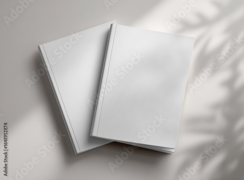 Two blank white books stacked, soft light, shadows