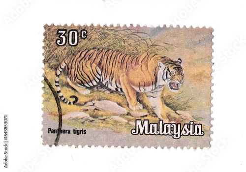 A vintage postage stamp from Malaysia isolated on a white background.