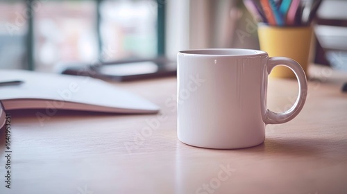 Morning Refreshments Simple White Mug Filled with Coffee on Light Wood Desk for Creative Ideas