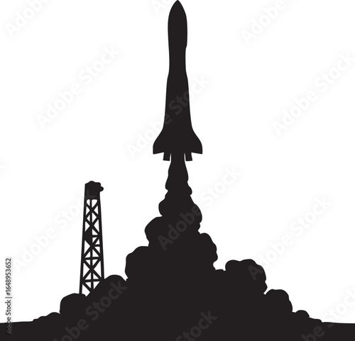 Vector Space Rocket Silhouette Ascending with Dramatic Smoke Cloud and High-Contrast Design