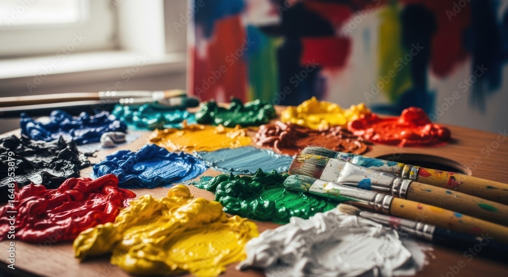 Vibrant paint palette with various colors and paintbrushes Vibrant paint palette with various colors and paintbrushes