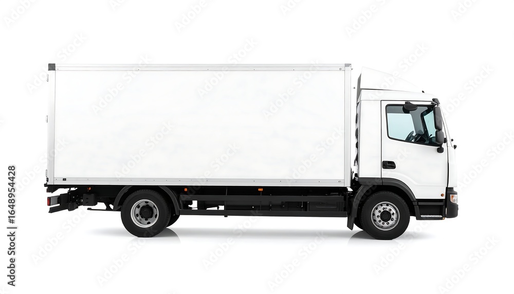 Isolated White Delivery Truck with Box Body on White Background, Side View Isolated White Delivery Truck with Box Body on White Background, Side View
