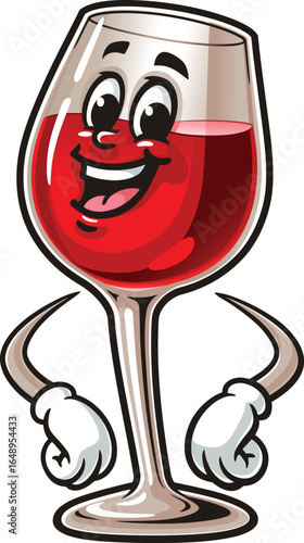 Cartoon mascot of a wine glass laughing happily