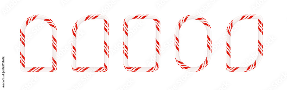 Obraz premium Christmas candy cane frame with red, and white stripes PNG. Festive border with candy lollipop pattern for New Year greeting cards and holiday designs