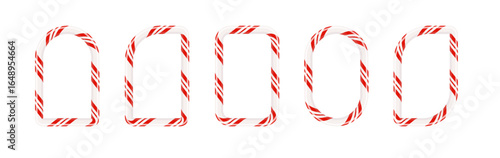Christmas candy cane frame with red, and white stripes PNG. Festive border with candy lollipop pattern for New Year greeting cards and holiday designs