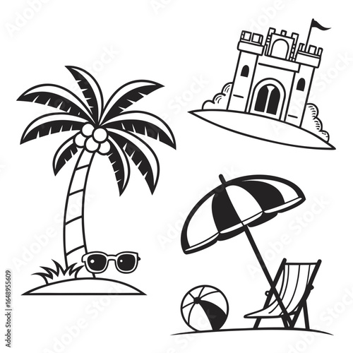 Beach vacation icons palm tree castle umbrella chair ball
