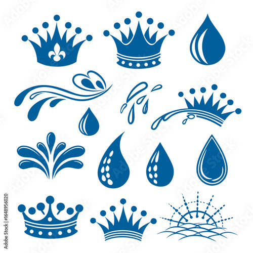Blue crowns water drops and sunburst splashes