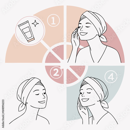 Skincare routine steps with woman and product beauty