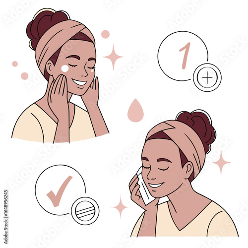 Woman applying skincare and using cotton pad beauty