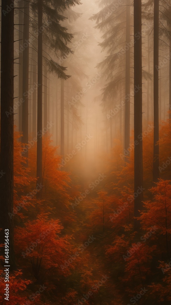 Obraz premium Misty forest with autumn foliage.