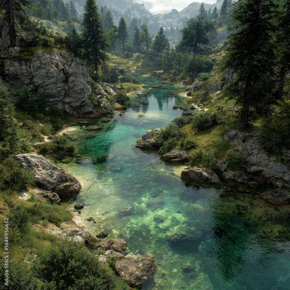 Naklejka premium Serene mountain river flows through lush valley, tranquil background; nature tourism