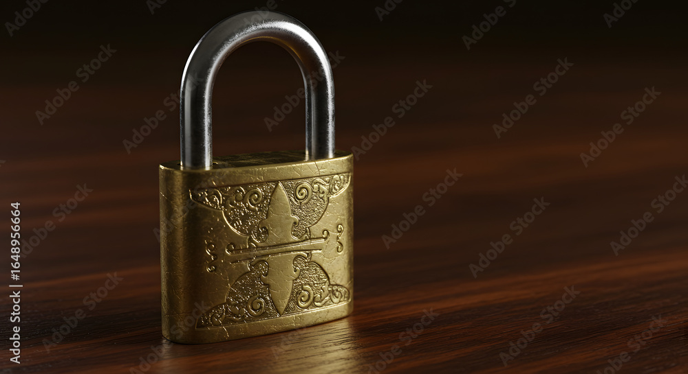 Fototapeta premium Close-up of an ornate golden padlock on a dark wooden surface, symbolizing security