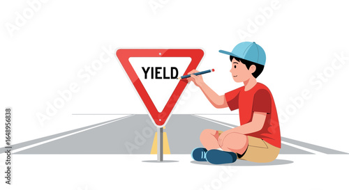 Creative Boy Modifying a Yield Sign on a Road Illustration Concept