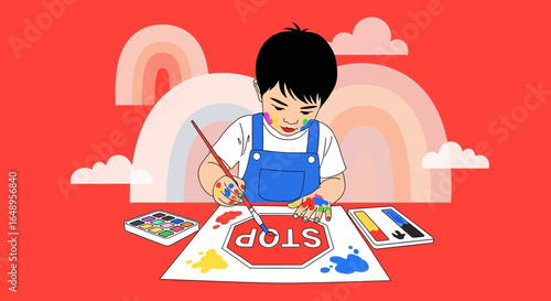 Creative Boy Painting A Stop Sign In Colorful Rainbow Surroundings
