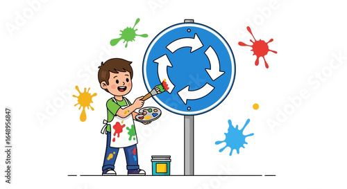 Creative Boy Having Fun Painting A Roundabout Sign With Colorful Splatters