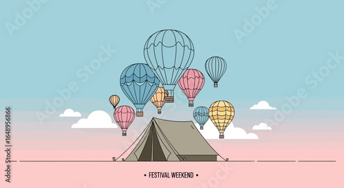 Creative Camping Adventure Featuring Air Balloons In Dreamy Sky Background