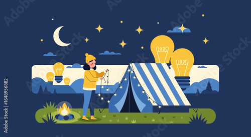 Creative Camping Under The Stars A Girl Decorates A Tent At Night