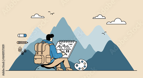 Creative Hiker Sketching Mountain Vista Outdoors Artistic Pursuit of Nature Journey
