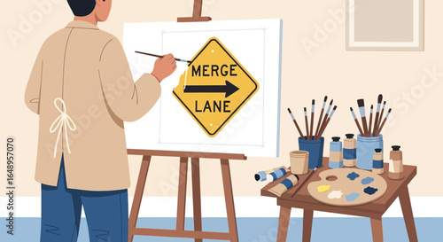Creative Interpretation Of Road Sign Painter In Studio By Male Artist