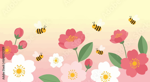 Delightful Springtime Scene With Flying Bees And Blooming Flowers Vector Illustration
