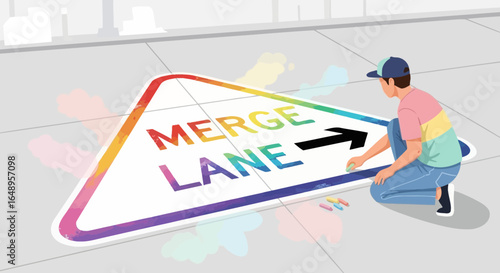 Creative Man Drawing Merge Lane Sign With Colorful Chalk On Sidewalk