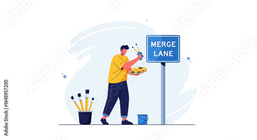 Creative Merging Lanes Concept With Artist Holding Painting Tools And Road Sign