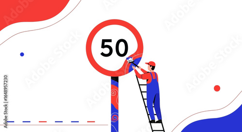 Creative Painter Restoring Speed Limit Sign Vibrant Graphic Style Vector Illustration