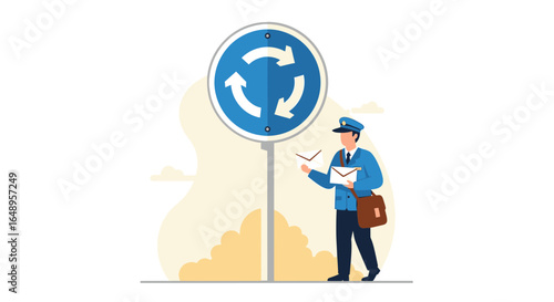 Delivery Man At Roundabout Sign Concept Postal Service Logistics Illustration