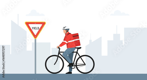 Delivery Man Riding Bicycle Pass Yield Sign On The Road With Urban Background