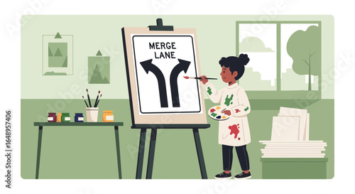 Creative Vision: Artist Painting Merge Lane Symbol on Canvas in Studio