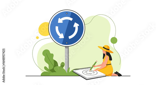 Creative Woman Drawing Roundabout Traffic Sign In Her Sketchbook Outdoors