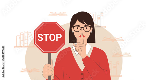 Demanding Silence Woman Holds A Stop Sign Near Book Shelves Illustration